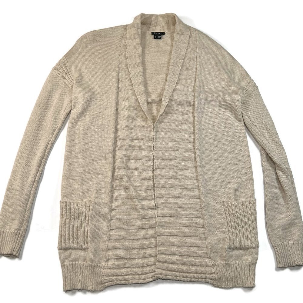 Theory Open Cardigan Large Baby Alpaca Silk Long Sleeve Sweater Pockets‎